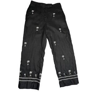 Paraphrase Black 100% Linen Palm Tree Embroidered Straight Leg Pants Size 6 Boho